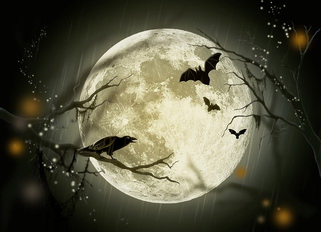 A giant super moon in the sky with bats flying