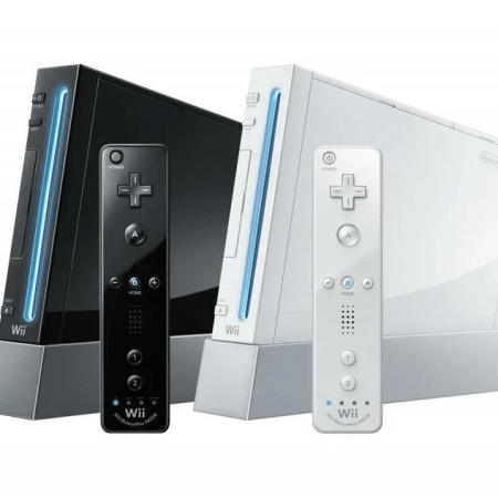 A black and white Nintendo Wii