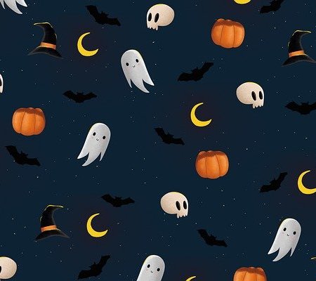Spooky halloween wallpaper with pumpkins, ghosts, and witches' hats