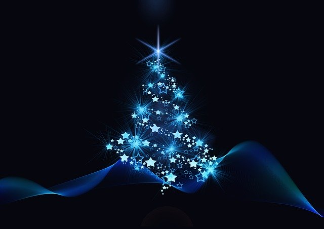 A Christmas tree covered in blue lights.