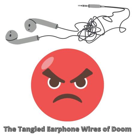 Tangled earphone wires next to an angry face