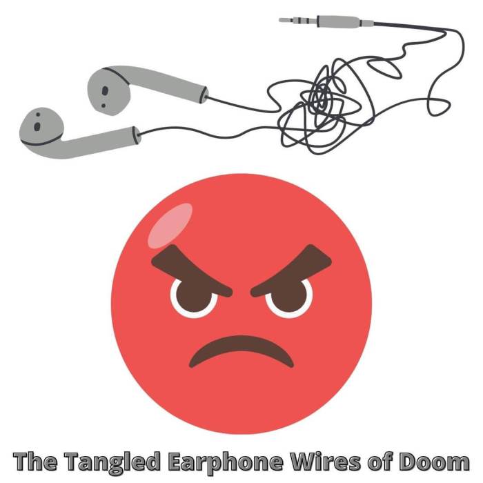 Tangled earphone wires next to an angry face