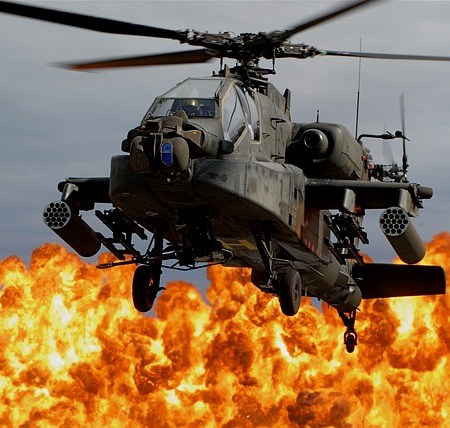 A helicopter and a big explosion