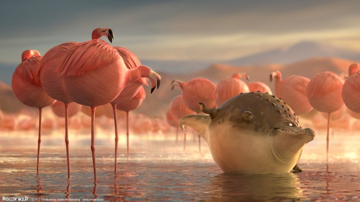 Rollin' Wild animation of a giant crocodile and some ballooned up flamingo.