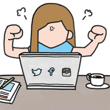 A cartoon lady getting angry next to her laptop