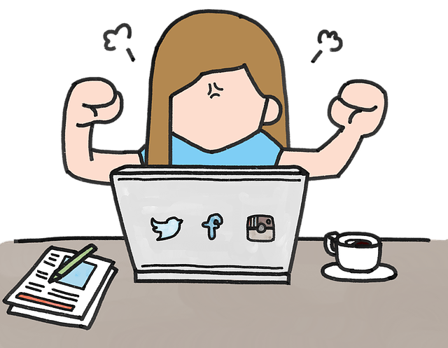 A cartoon lady getting angry next to her laptop