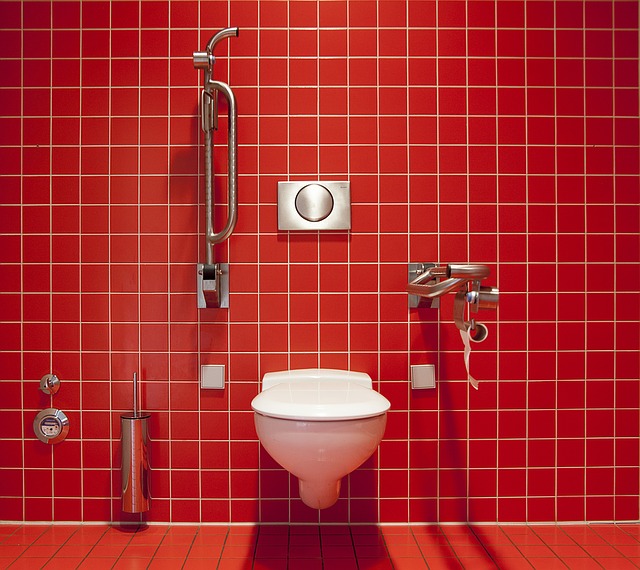 A toilet with a red background of tiles