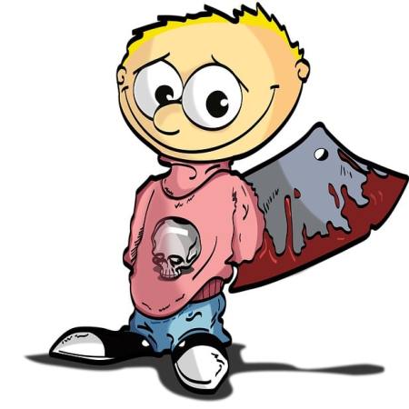A psychotic young boy holding a bloodstained axe