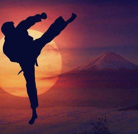 Kiai! A man doing a karate chop with a sunset background
