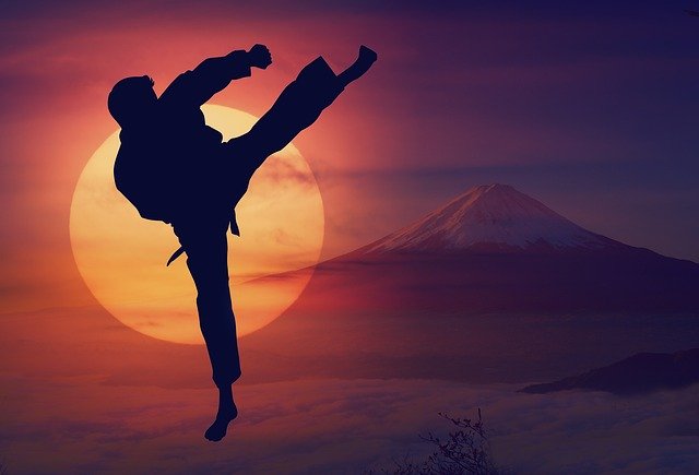 Kiai! A man doing a karate chop with a sunset background