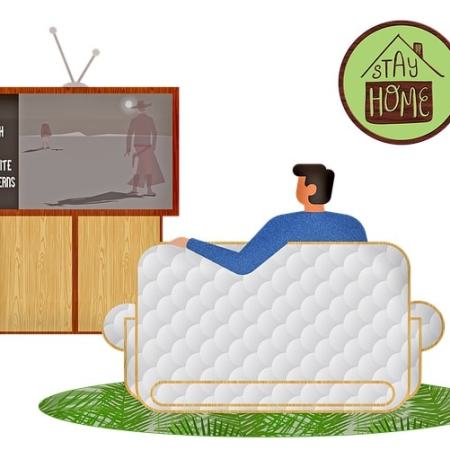 Stay at home - a cartoon man watching westerns on his TV-min