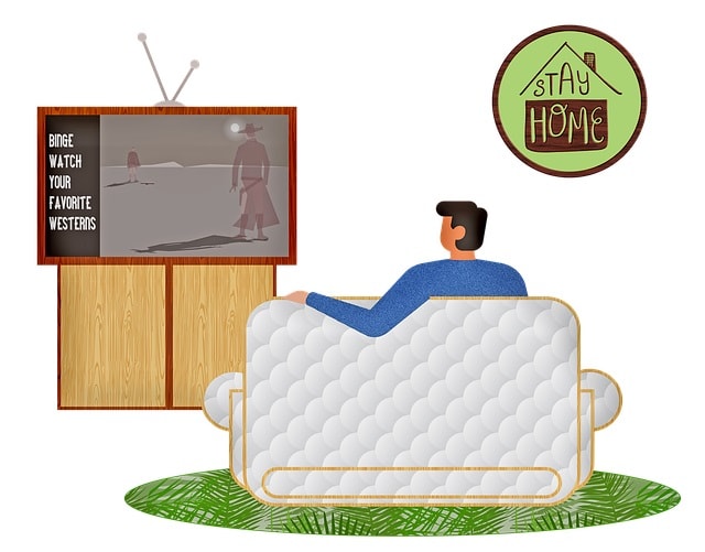 Stay at home - a cartoon man watching westerns on his TV-min