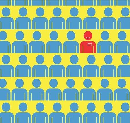 A red employee amongst the blue, to indicate the best job candidate