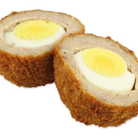 A scotch egg sliced in half-min