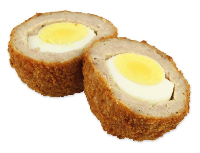 A scotch egg sliced in half-min