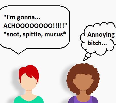 Two women employees in cartoon form, one of whom is sneezing whilst the other is annoyed by this.