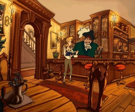 Guybrush Threepwood in the Curse of Monkey Island near to a spittoon.