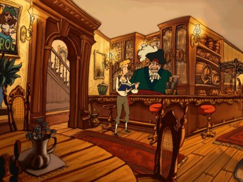 Guybrush Threepwood in the Curse of Monkey Island near to a spittoon.