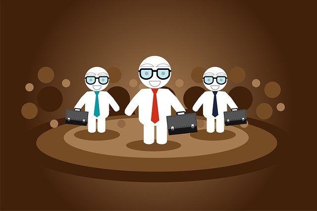 Three cartoon salesmen with a brown background