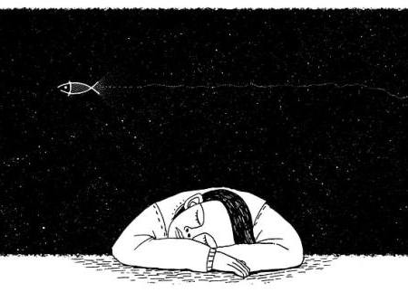 A cartoon person sleeping and dreaming of a fish in the night sky.