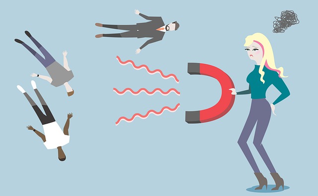 A cartoon woman holding in a magnet to draw in men.