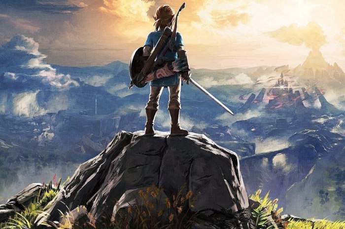 Link standing against the landscape backdrop in The Legend of Zelda: Breath of the Wild.