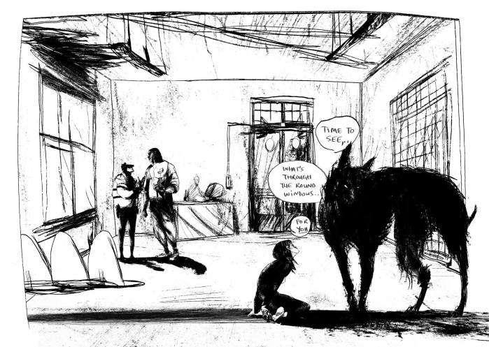 Alix Otto talking to the black dog in Lucy Sullivan's BARKING