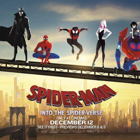 Spider-Man: Into the Spider-Verse characters standing to the backdrop of New York