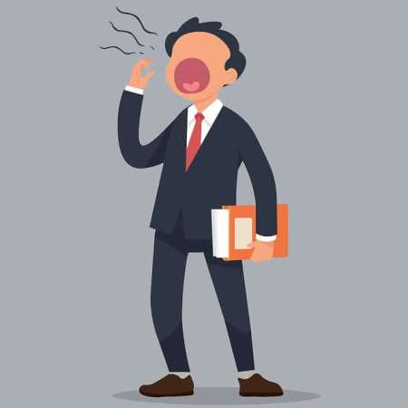 A cartoon man at work yawning heavily