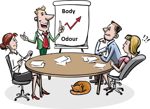 A team of employees at work discussing body odour