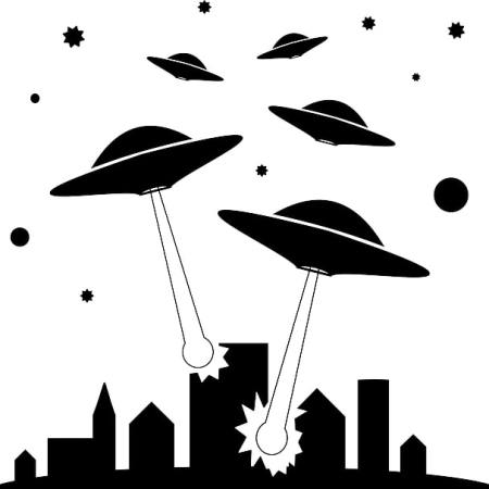 Alien spaceships shooting at a city