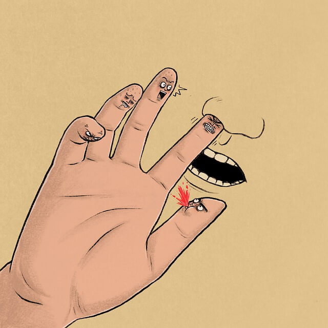A hand with aggressive fingers picking a human nose