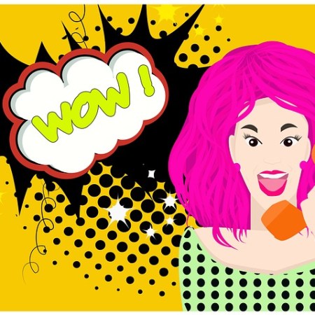 A woman with purple hair doing chat up lines on a phone