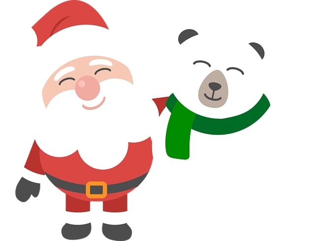 A cheerful cartoon Santa hugging a polar bear