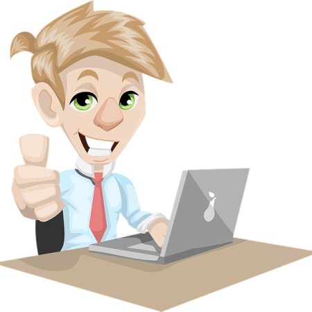 A smug looking businessman next to his laptop, no doubt typing a sug LinkedIn guru message