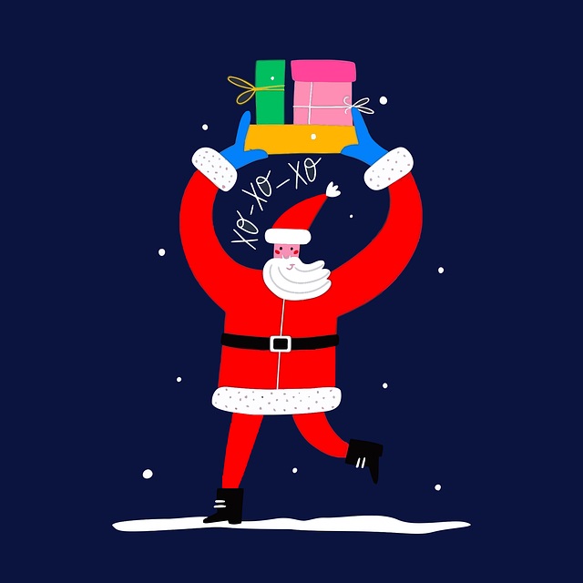 Santa Claus running with some presents saying Ho ho ho