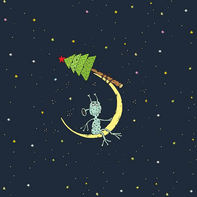 A cartoon alien on a half Moon with a Christmas tree attached