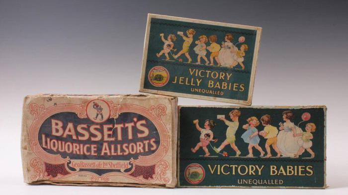 A collection of Victory Jelly Babies old packaging