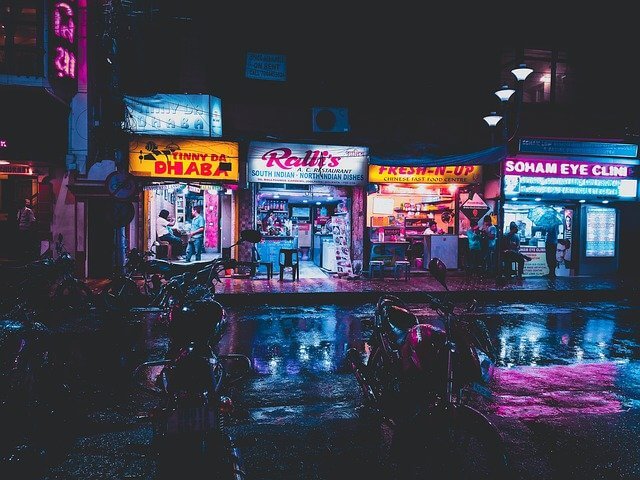 Some random restaurants next to neon lights