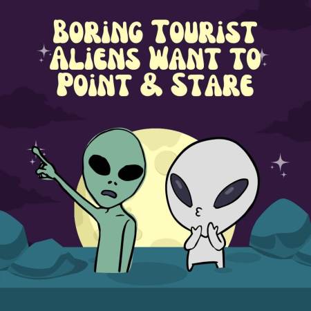 Alien tourists on a planet pointing and staring