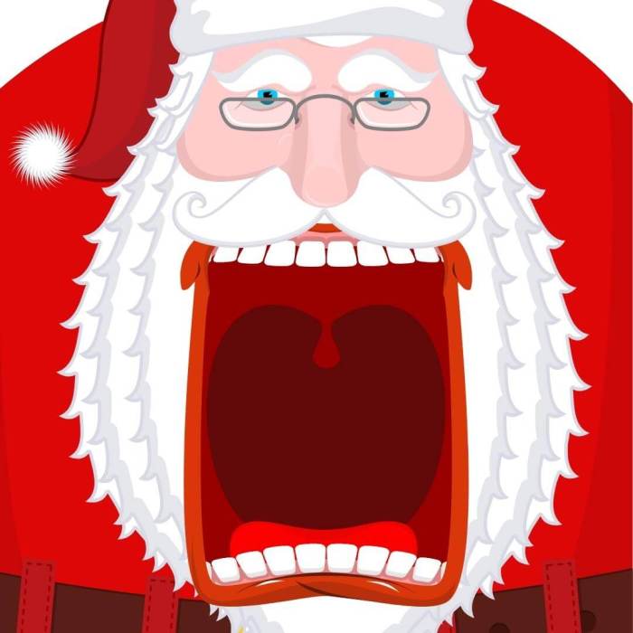 A giant cartoon Santa with his mouth wide open