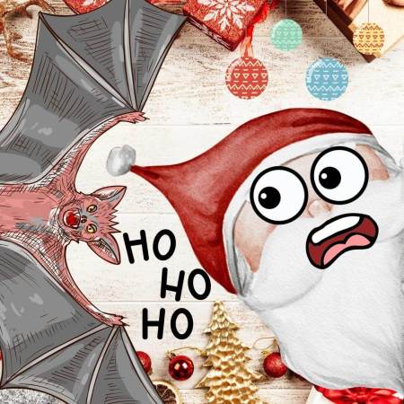 Santa Claus looking terrified at a Death Bat