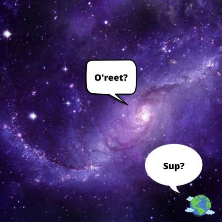 Space with Earth and two conversation bubbles in a discussion