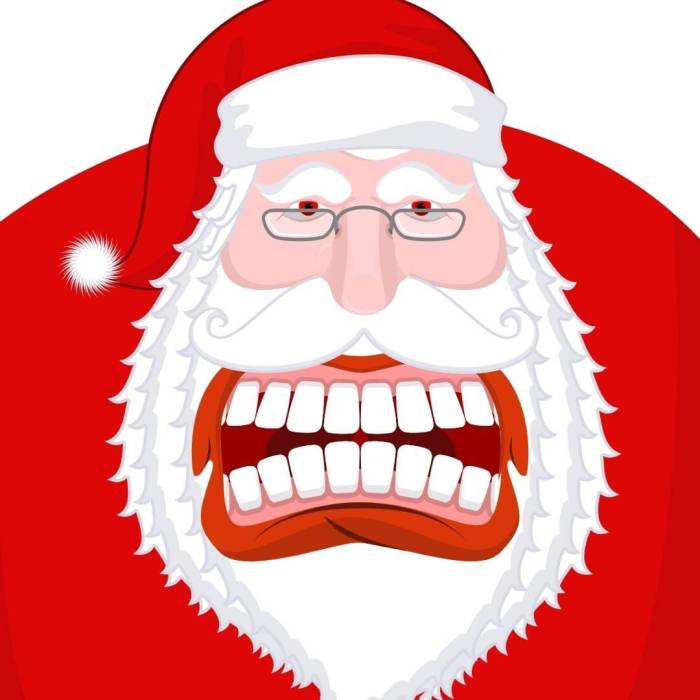 A crazy looking Santa showing his teeth