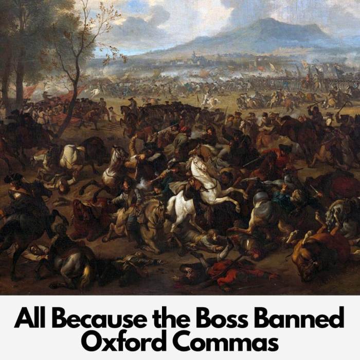 A battle scene due to the boss banning the use of Oxford Commas