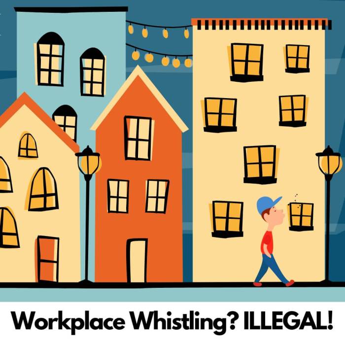 A man walking in town while at work, with it being illegal to whistle