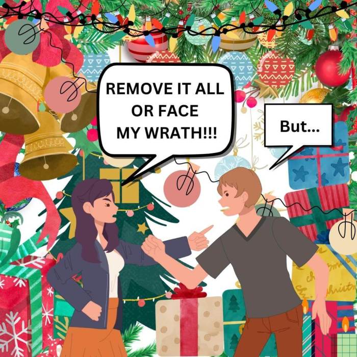 A husband and wife arguing about their being too many Christmas decorations