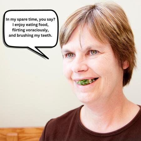 An older woman with food stuck in her teeth on a date