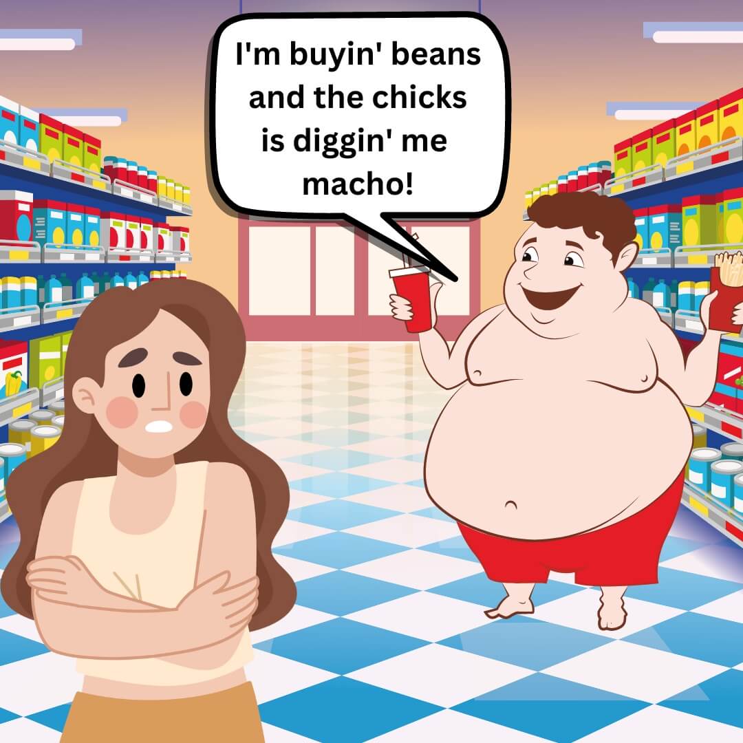 A fat man in a supermarket buying food and scaring women