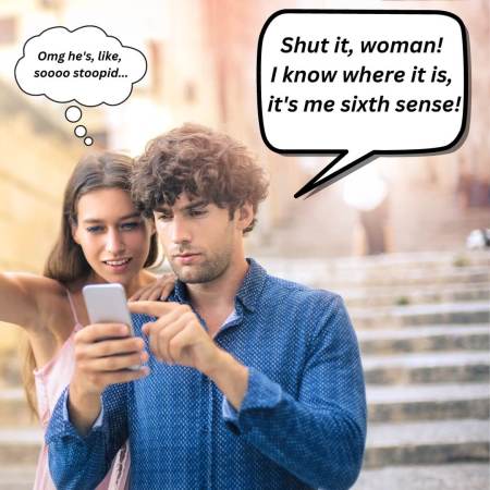 A man refusing to take directions from his girlfriend